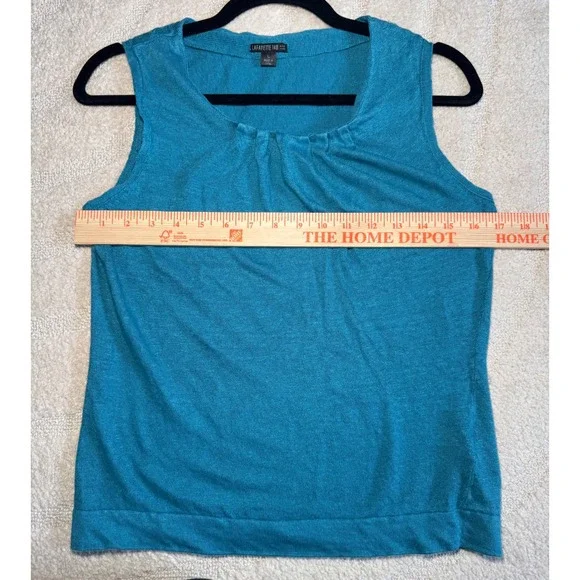 Lafayette 148 New York Teal Blue 100% Linen Pleated Scoop Neck Sleeveless Top L - Picture 5 of 6